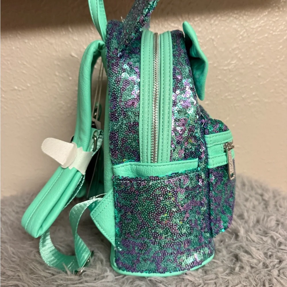 Loungefly Disney Park Mint and Purple Sequin Minnie Ear Backpack with Bow
